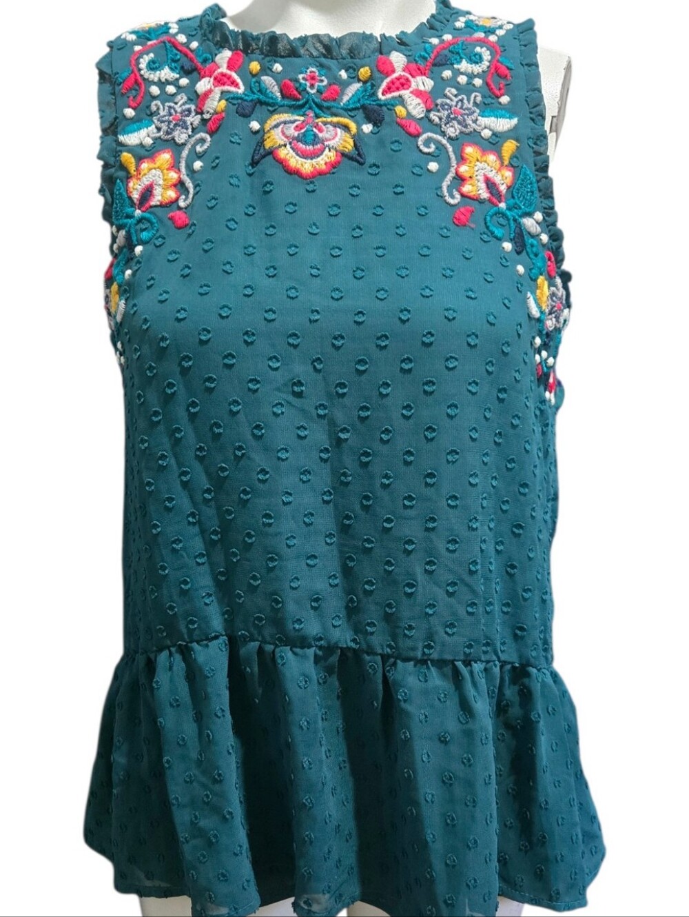 Teal Embroidered Boho Tunic Top Size S Floral Ruffle Sleeveless